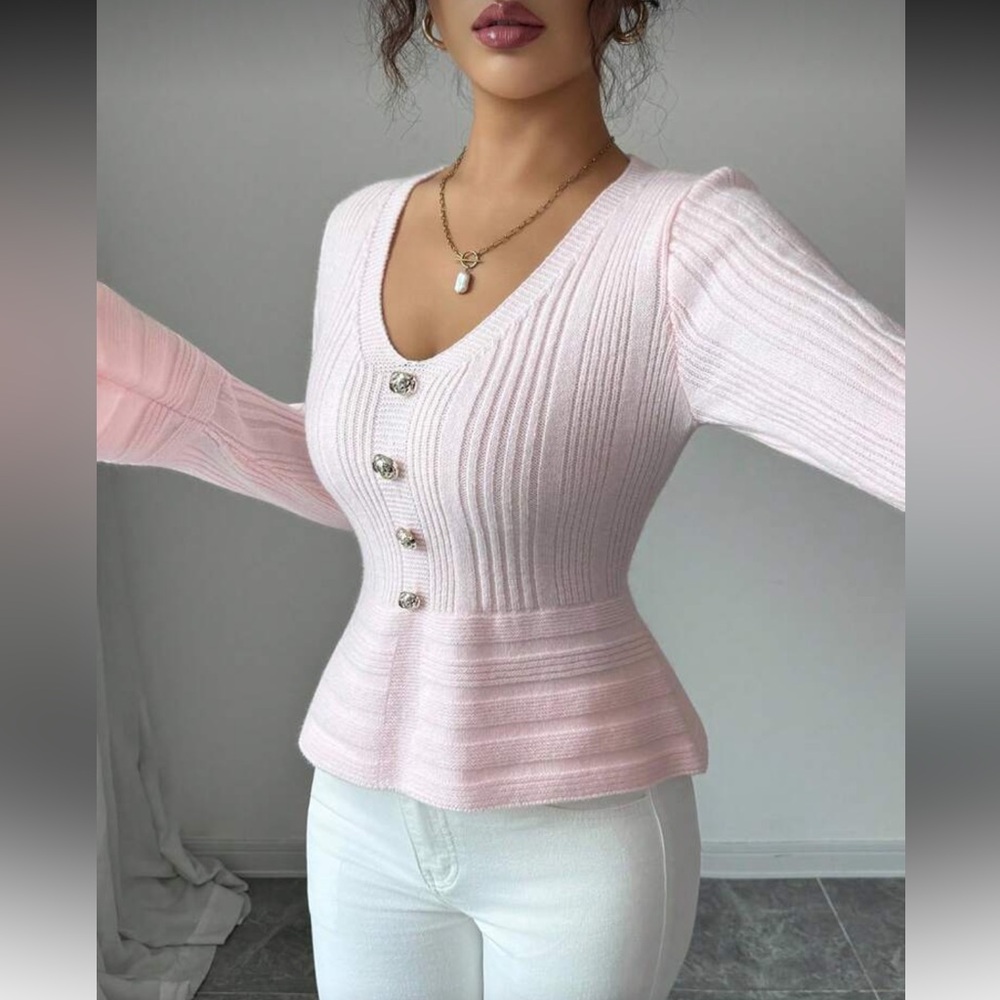 Pink Ribbed Button-Up Sweater - Picture 5 of 15